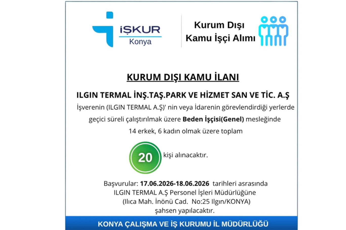Konya’da 20 beden işçisi alınacak