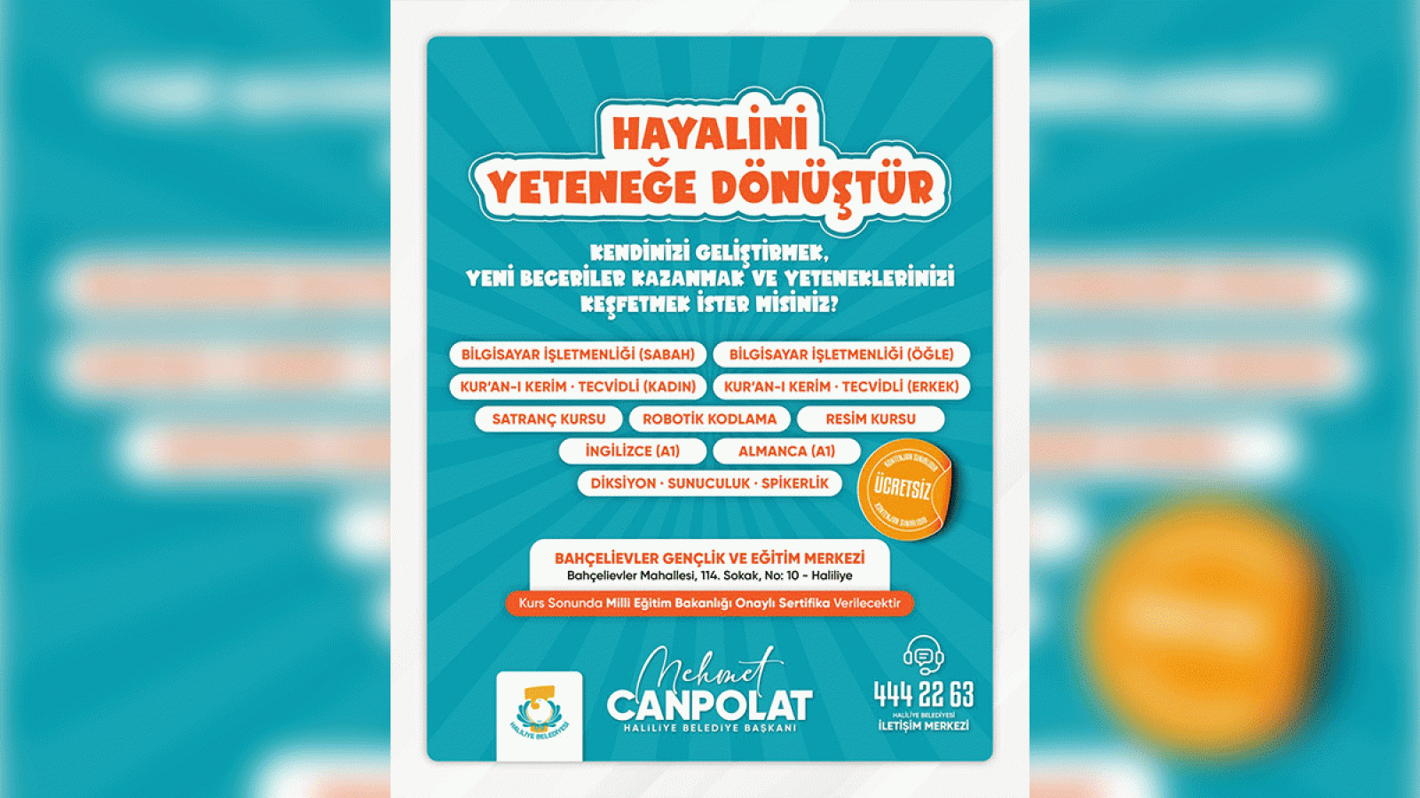 Haliliye Belediyesinden ücretsiz kurs ve eğitim programı;