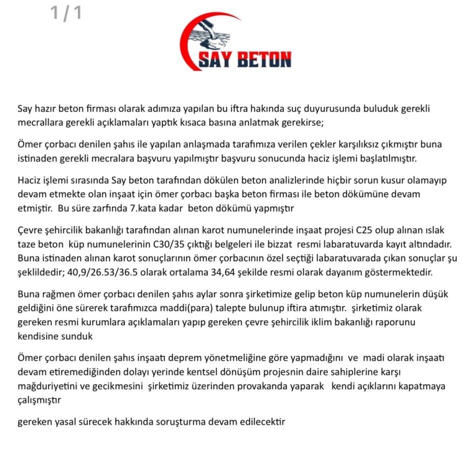 Kendi binasını yıkan mütahitin iddialarına “ Say Betondan açıklama” geldi;